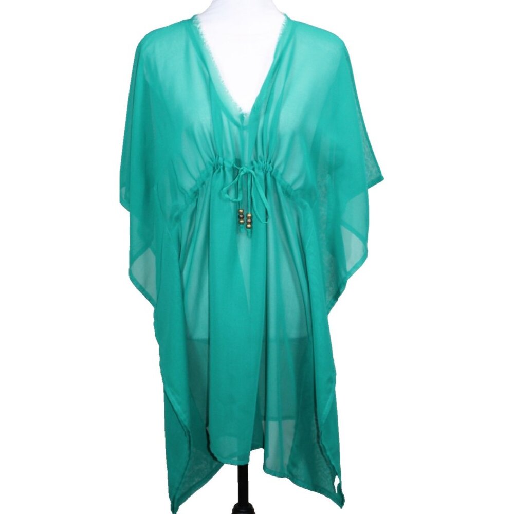 Echo swim coverup Tunic dress Cinched V-Neck Aqua Blue Size Large India poly